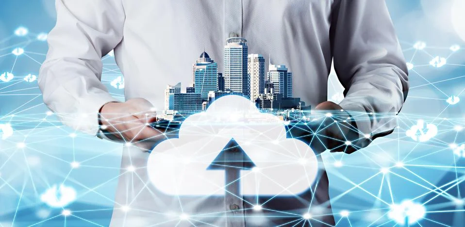 Cloud computing technology and online data storage for global data sharing. Foto stock