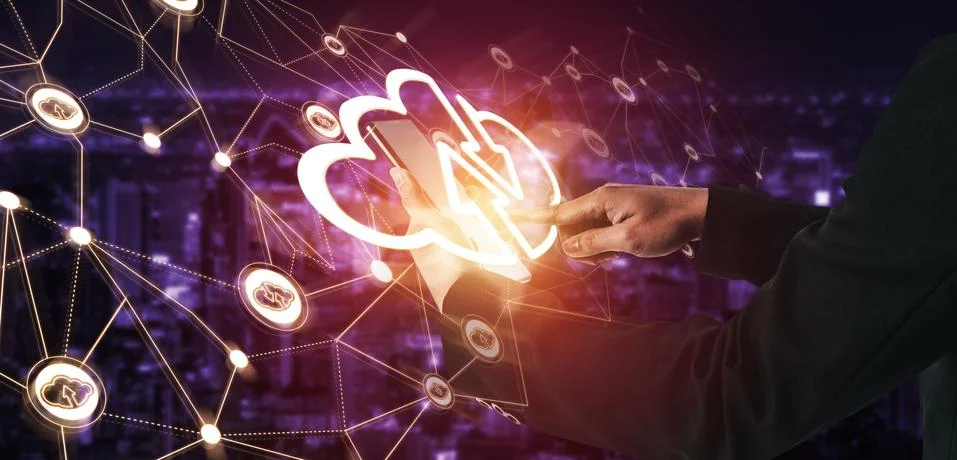 Cloud computing technology and online data storage for global data sharing. Stock Photos