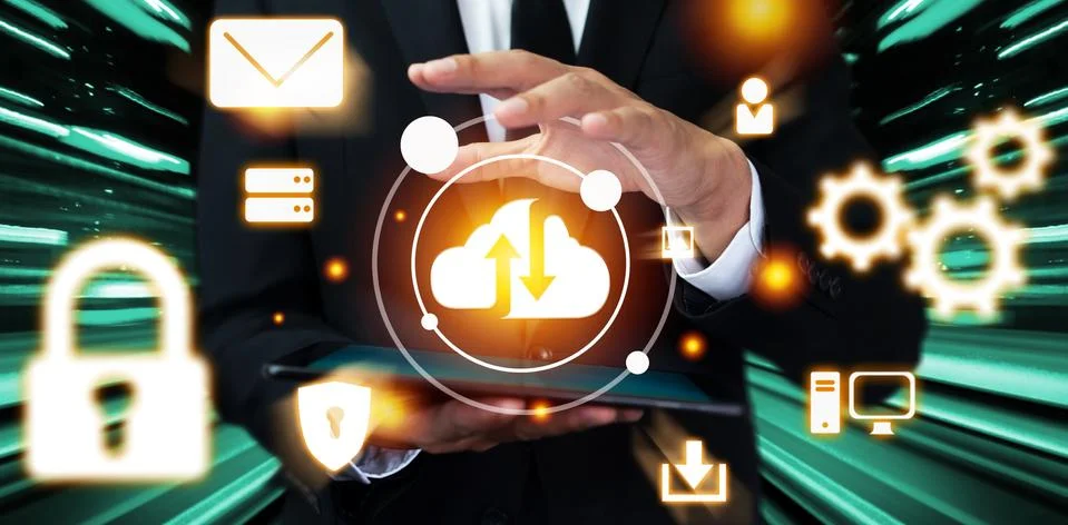 Cloud computing technology and online data storage for global data sharing. Foto stock