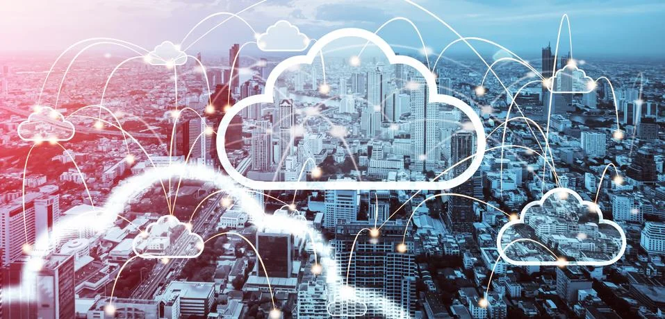 Cloud computing technology and online data storage for global data sharing. Stock Photos