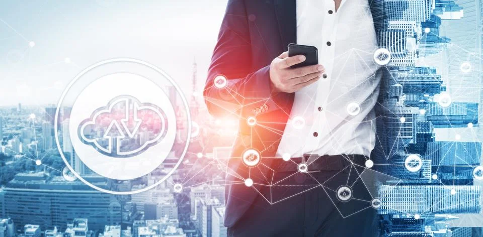 Cloud computing technology and online data storage for global data sharing. Foto stock