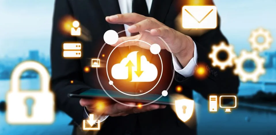 Cloud computing technology and online data storage for global data sharing. Foto stock