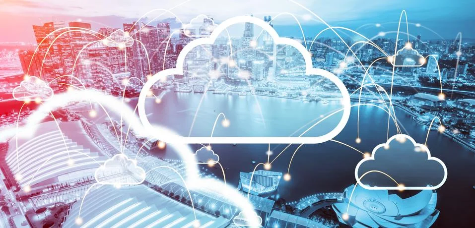 Cloud computing technology and online data storage for global data sharing. Stock Photos