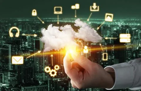 Cloud computing technology and online data storage for global data sharing. Foto stock