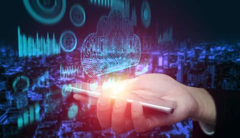 Cloud computing technology and online data storage for global data sharing. Stock Photos