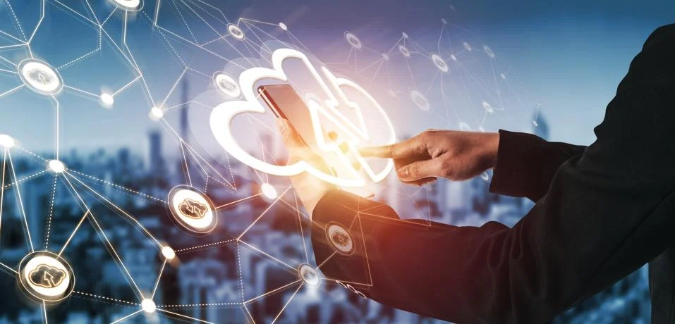 Cloud computing technology and online data storage for global data sharing. Stock Photos