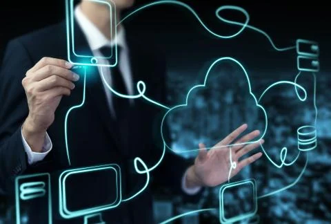 Cloud computing technology and online data storage for global data sharing. Stock Photos