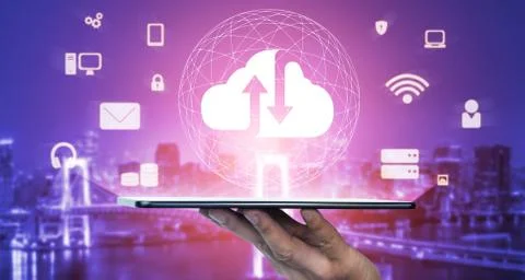 Cloud computing technology and online data storage for global data sharing. Stock Photos