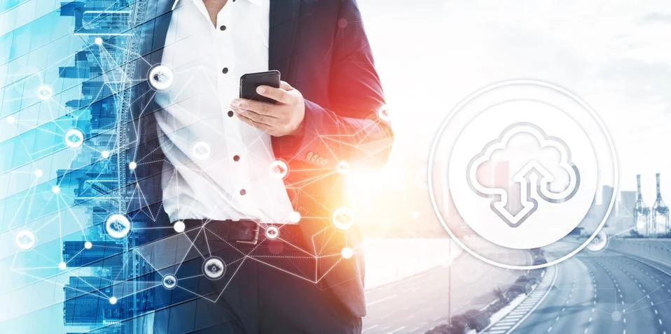 Cloud computing technology and online data storage for global data sharing. Stock Photos