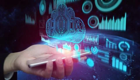 Cloud computing technology and online data storage for global data sharing. Stock Photos