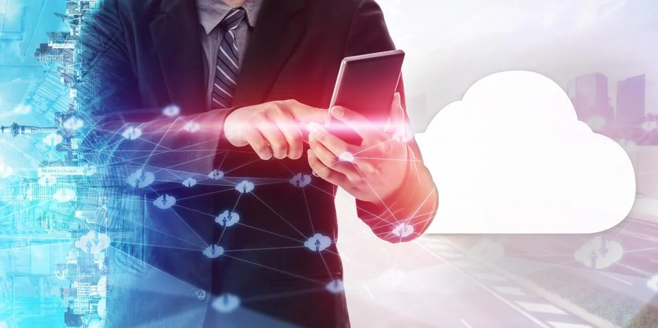 Cloud computing technology and online data storage for global data sharing. Foto stock