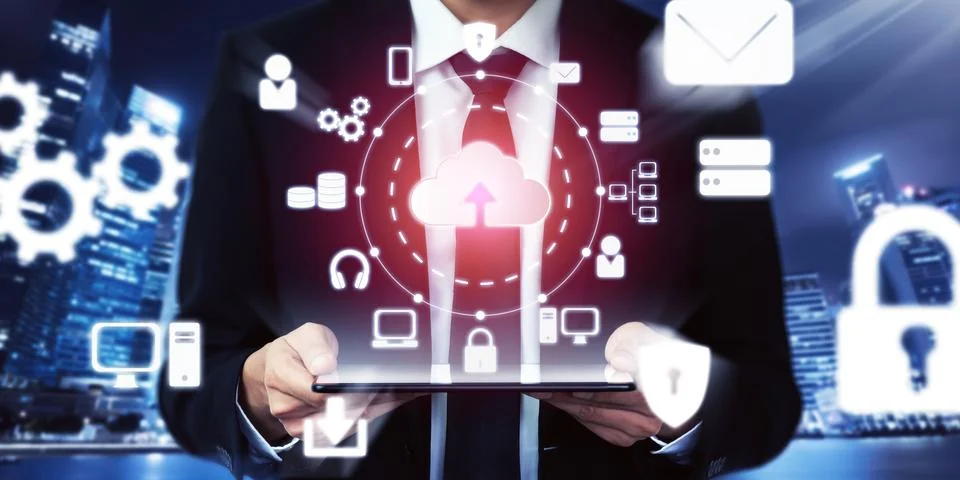 Cloud computing technology and online data storage for global data sharing. Foto stock