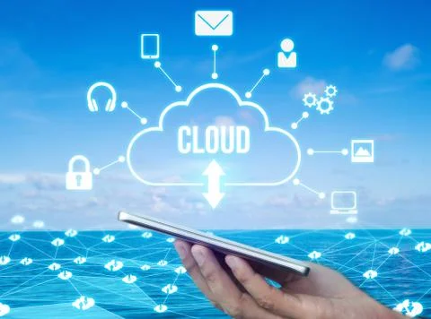 Cloud computing technology and online data storage for global data sharing. Foto stock