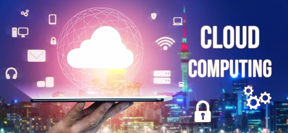 Cloud computing technology and online data storage for global data sharing. Foto stock