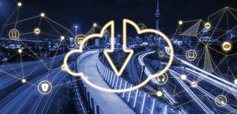 Cloud computing technology and online data storage for global data sharing. Stock Photos