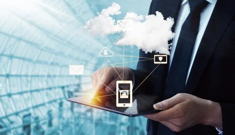 Cloud computing technology and online data storage for global data sharing. Foto stock