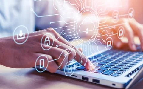 Cloud computing technology and online data storage for global data sharing. Stock Photos