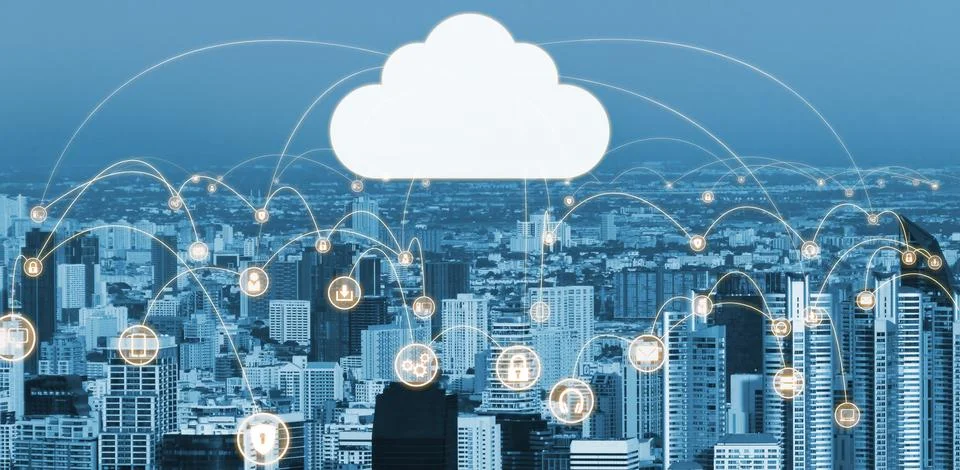 Cloud computing technology and online data storage for global data sharing. Stock Photos