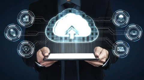 Cloud computing technology and online data storage for shrewd business network Stock Photos