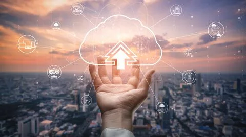 Cloud computing technology and online data storage for shrewd business network Foto stock