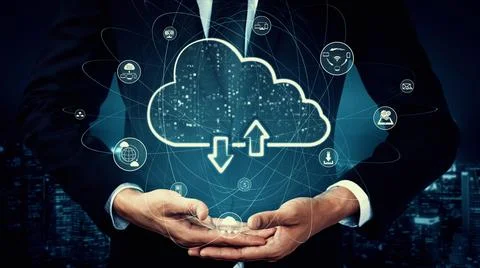 Cloud computing technology and online data storage for shrewd business network Stock Photos