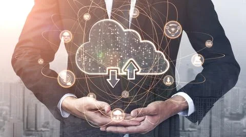 Cloud computing technology and online data storage for shrewd business network Stock Photos