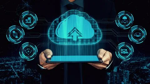 Cloud computing technology and online data storage for shrewd business network Stock Photos