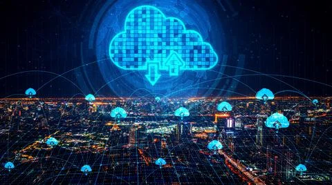 Cloud computing technology and online data storage for shrewd business network Stock Photos