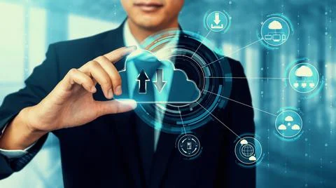 Cloud computing technology and online data storage for shrewd business network Stock Photos