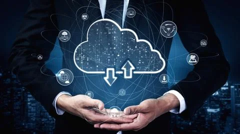 Cloud computing technology and online data storage for shrewd business network Stock Photos