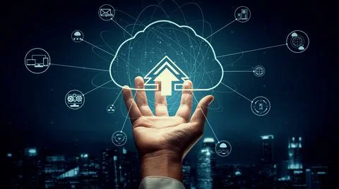 Cloud computing technology and online data storage for shrewd business network Stock Photos