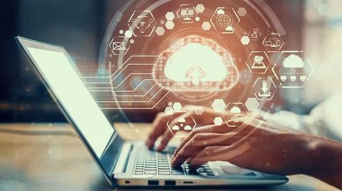 Cloud computing technology and online data storage for shrewd business network 스톡 사진