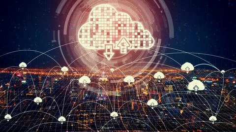 Cloud computing technology and online data storage for shrewd business network Stock Photos