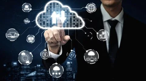 Cloud computing technology and online data storage for shrewd business network Stock Photos