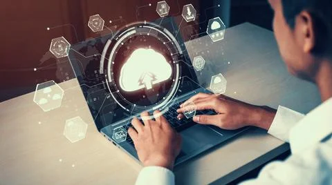 Cloud computing technology and online data storage for shrewd business network Stockfoto's