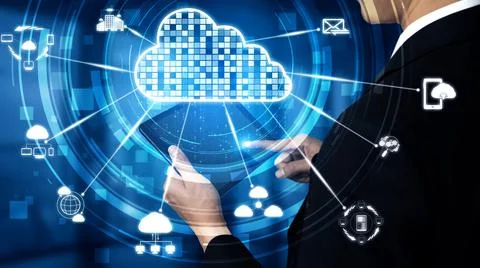 Cloud computing technology and online data storage for shrewd business network Stock Photos