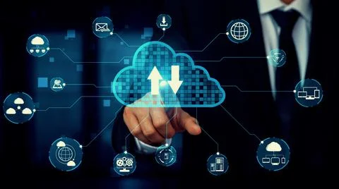 Cloud computing technology and online data storage for shrewd business network Stockfoto's