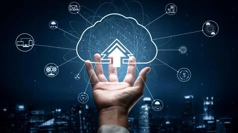 Cloud computing technology and online data storage for shrewd business network Stock Photos