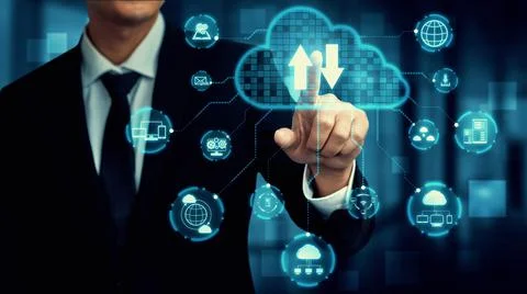 Cloud computing technology and online data storage for shrewd business network Stock Photos