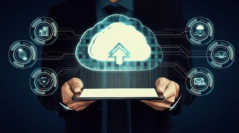 Cloud computing technology and online data storage for shrewd business network Stock Photos