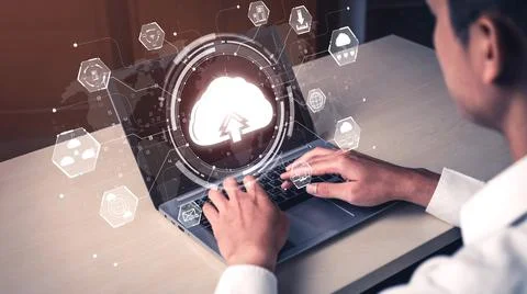 Cloud computing technology and online data storage for shrewd business network Stock Photos