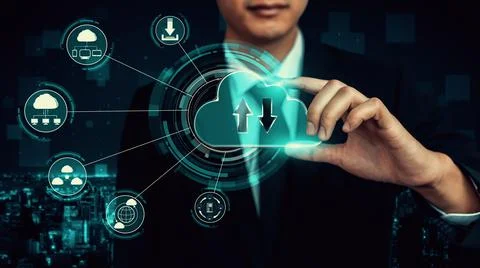 Cloud computing technology and online data storage for shrewd business network Stock Photos