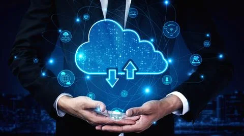 Cloud computing technology and online data storage for shrewd business network Foto stock