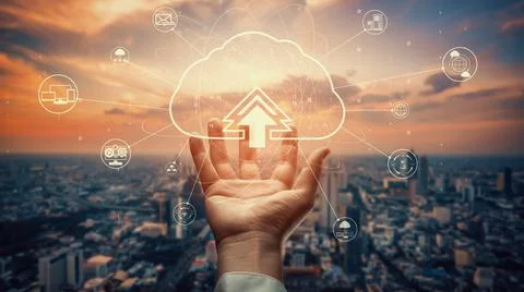 Cloud computing technology and online data storage for shrewd business network Stock Photos