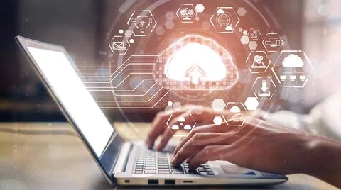 Cloud computing technology and online data storage for shrewd business network Stock Photos