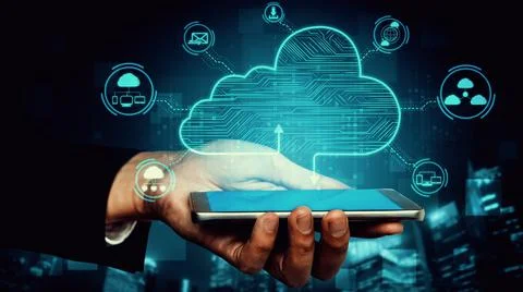 Cloud computing technology and online data storage for shrewd business network Stock Photos