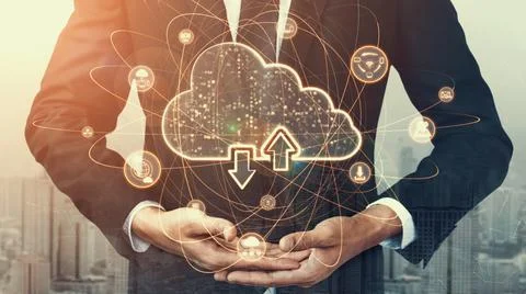 Cloud computing technology and online data storage for shrewd business network Foto stock