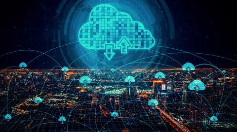 Cloud computing technology and online data storage for shrewd business network Stock Photos