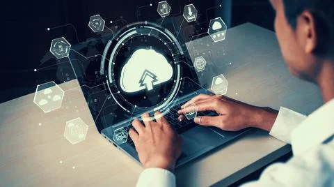 Cloud computing technology and online data storage for shrewd business network Stock Photos