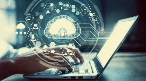 Cloud computing technology and online data storage for shrewd business network Stock Photos